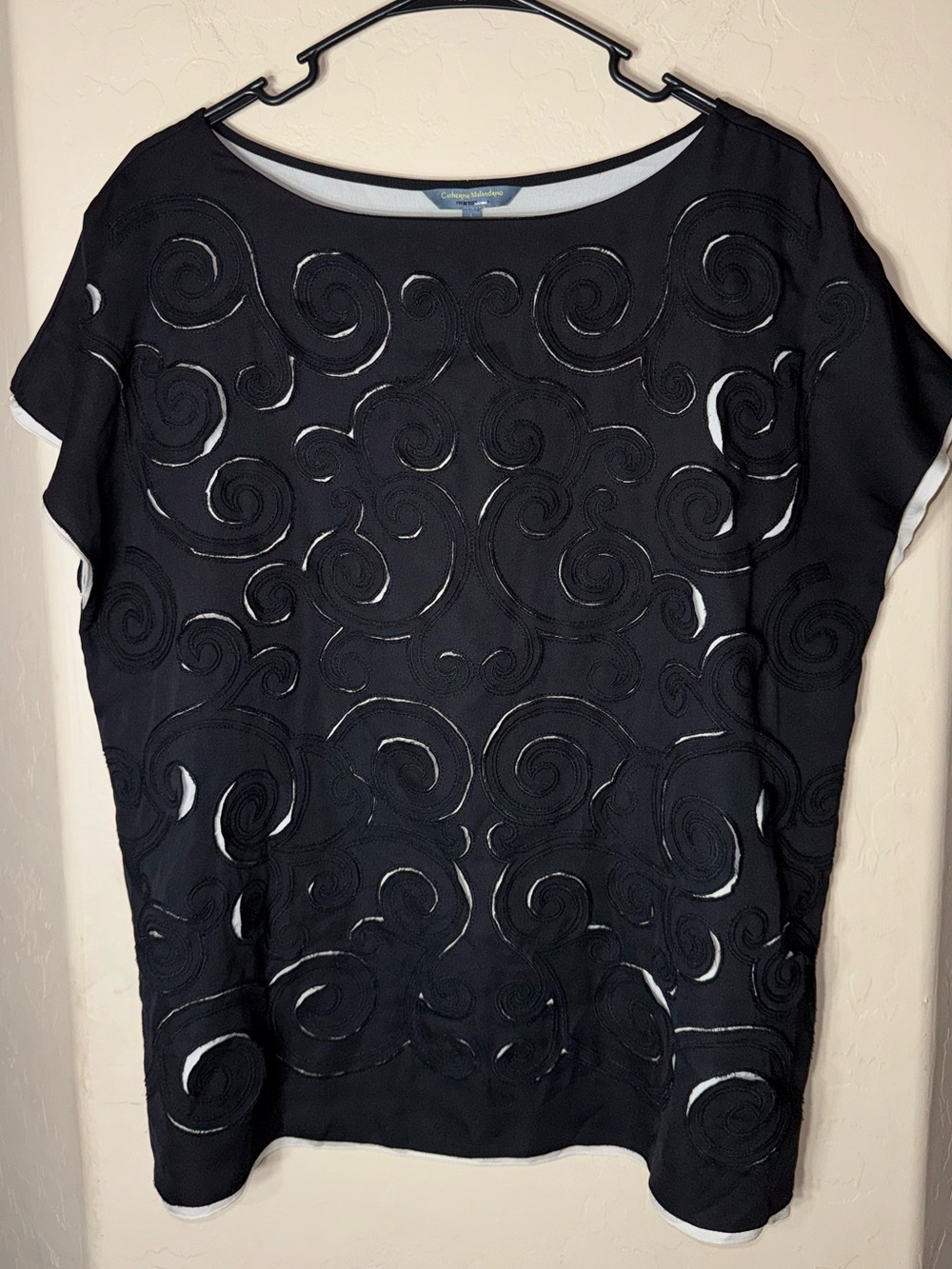Catherine Malandrino Black Pearl Swirl Embroidered Cutout Tunic Top Size L